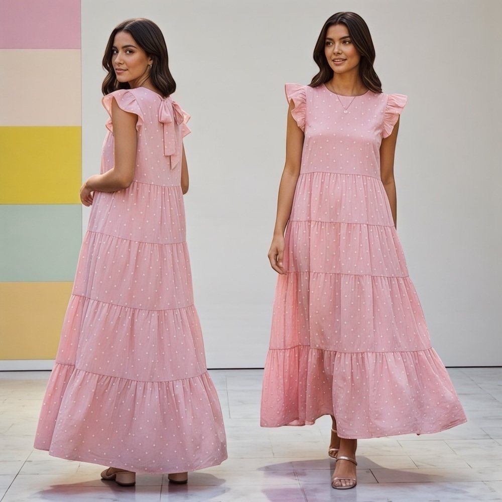 English Factory Women's Pink Polka Dot Tiered Maxi Dress W/Tie Back Size Small